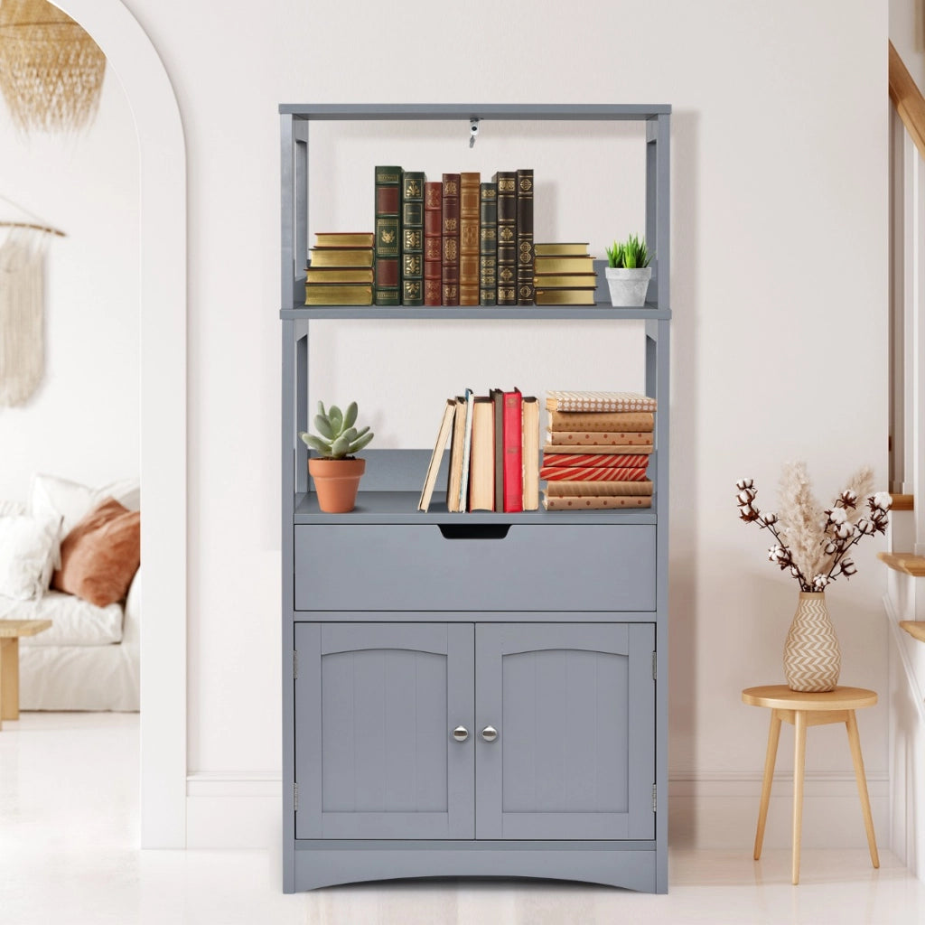Armadietto in legno da cucina con cassetto e mensola, Armadio con 2 ante multiuso per cucina e soggiono Grigio-Credenze buffet