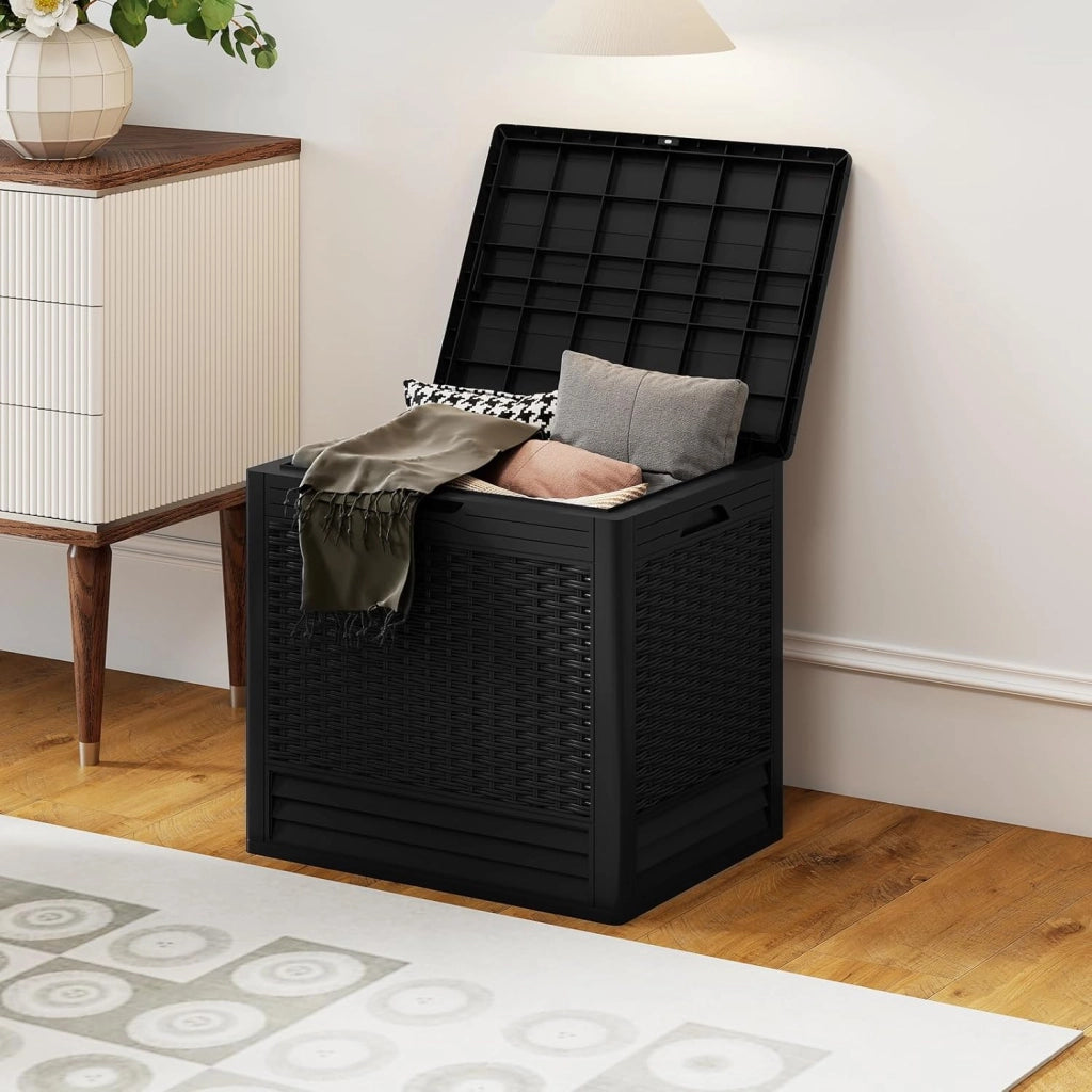 Contenitore da 96L, Scatola da Terrazza in PP Impermeabile per Uso Interno ed Esterno, Contenitore con Design in Rattan Chiudibile a Chiave per Consegna Pacchi (Nero)