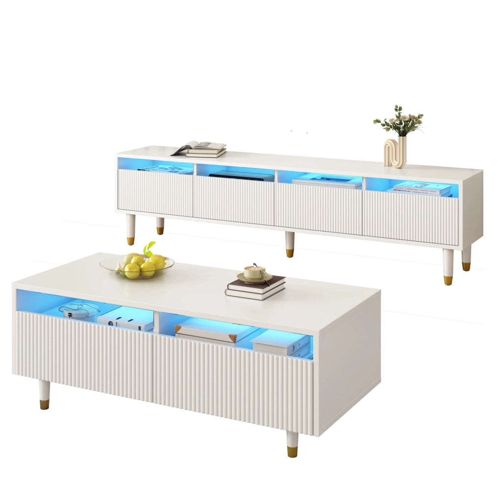 Set soggiorno moderno con mobile TV a 4 ante e tavolino con 2 cassetti, LED 7 colori, MDF bianco