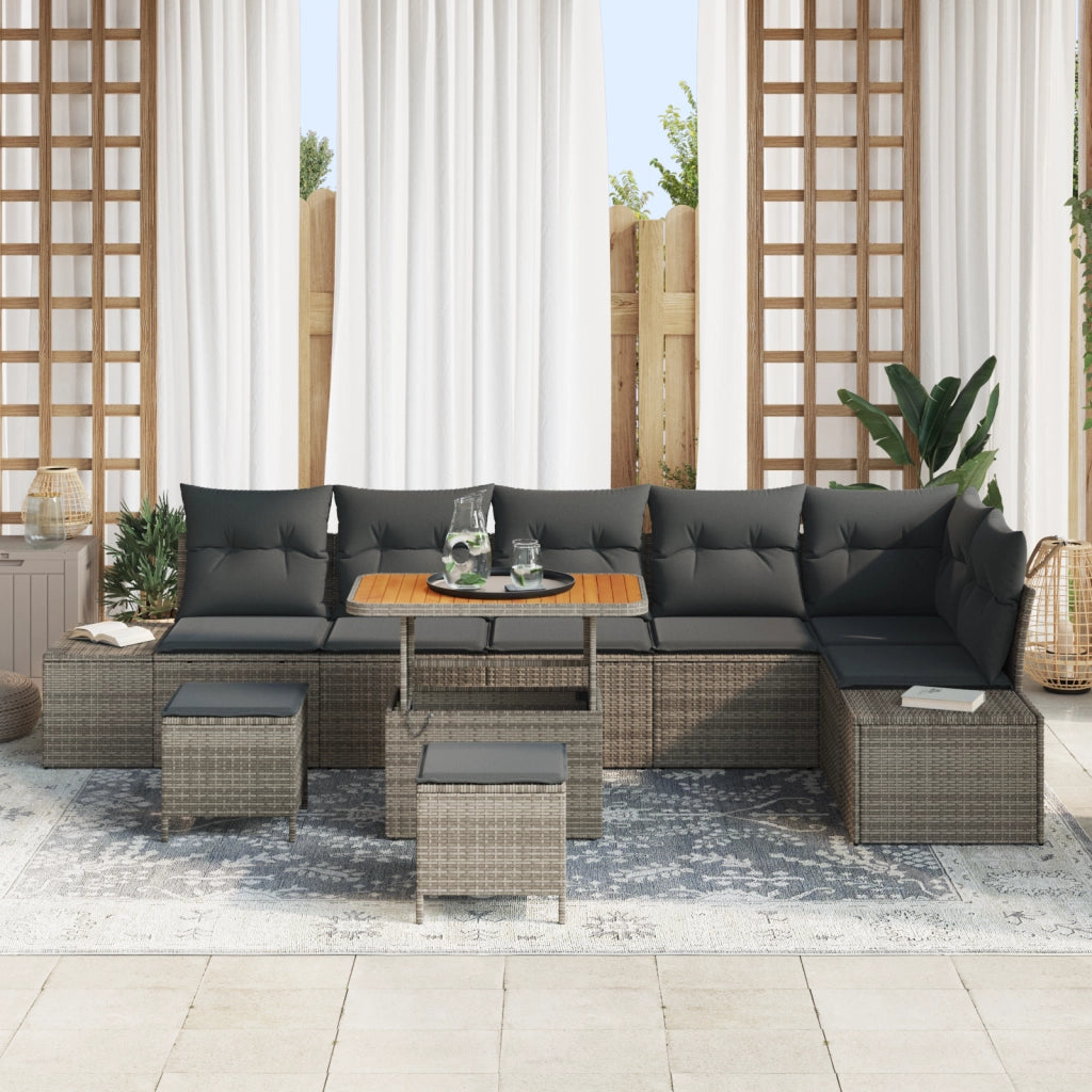 Set di Divani da Giardino 9 Pezzi con Cuscini Grigio Polyrattan Acacia