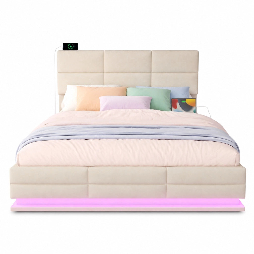 Letto contenitore 160 × 200 cm con sollevamento idraulico; testiera regolabile; LED e USB in velluto beige