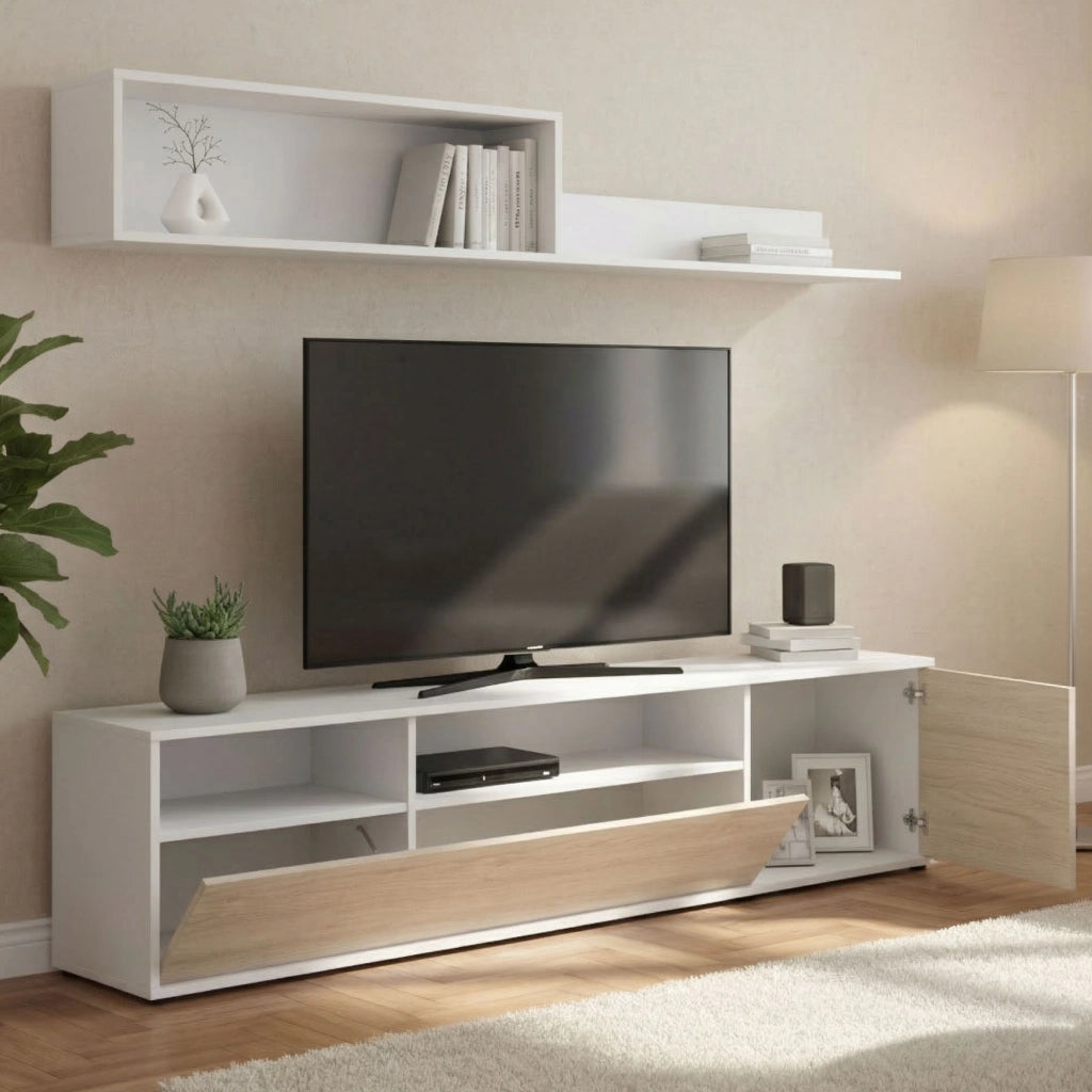 Parete attrezzata Jelawat, Composizione soggiorno, Mobile salotto multiuso, Armadio porta TV, 180x35 h44 cm, Bianco e Rovere