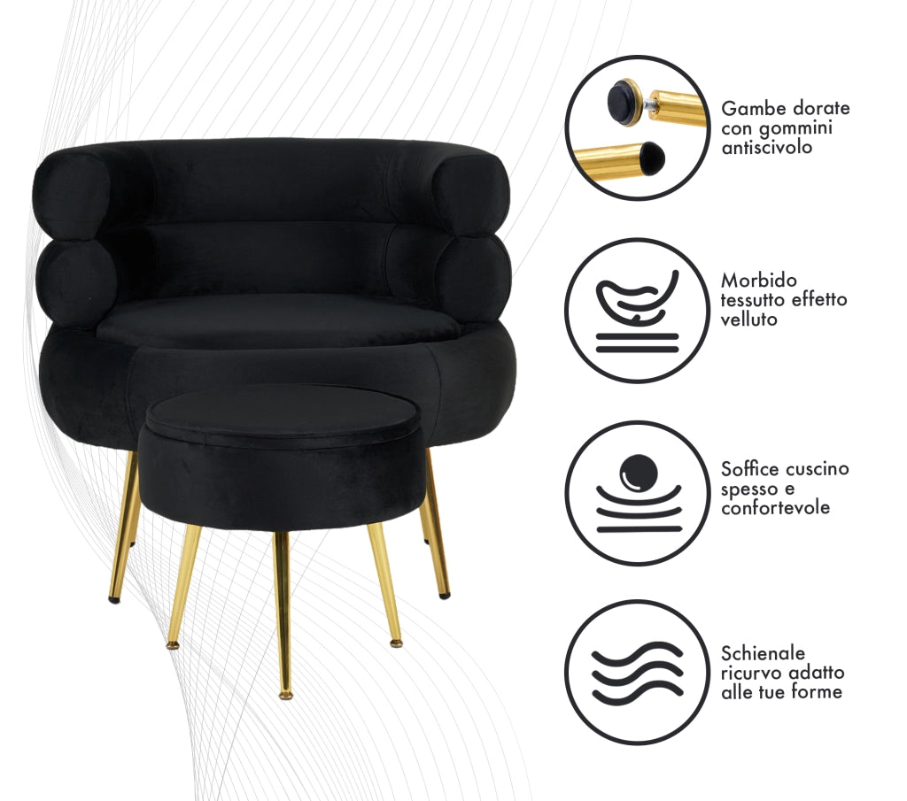 Poltrona Camera da Letto e Salotto in Velluto con Poggiapiedi Contenitore - Poltroncina Relax Moderna con Gambe in Metallo Placcato Oro - Design Moderno, Seduta Morbida con Cuscino - Sedia in Velluto - Nero