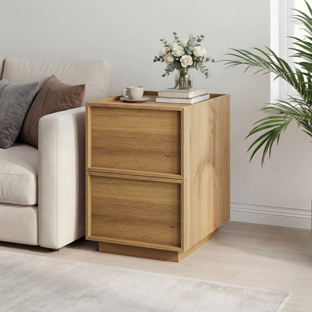 Comodino moderno effetto rovere con 2 cassetti