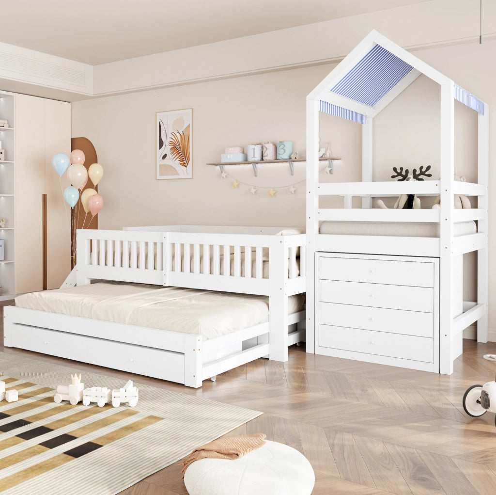 Letto per bambini a casetta 90x200 cm con letto estraibile; scala laterale e cassetti; bianco in legno massello