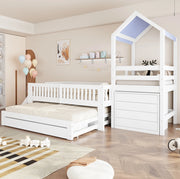Letto per bambini a casetta 90x200 cm con letto estraibile; scala laterale e cassetti; bianco in legno massello