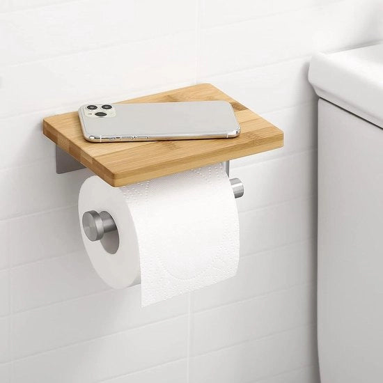 Sostegno per WC in legno con finitura a specchio in acciaio inossidabile con adesivo autoattacco e pannelli di bambù per la montaggio sulla parete BPH220BADM-2