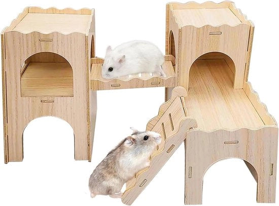 Casa per hamster in legno grande con diverse stanze - Nascondiglio per hamsters - Accessori per gabbia per hamster - Topi Gerbili Cavi