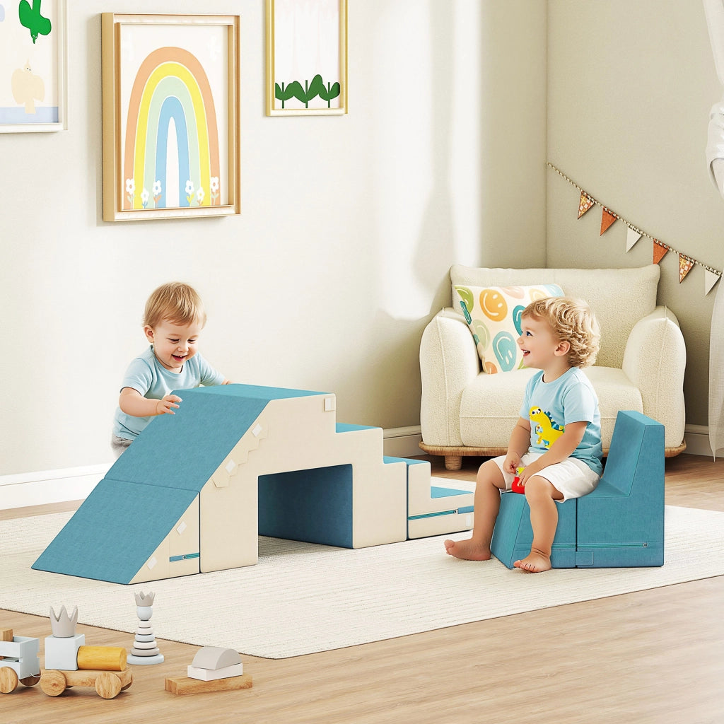 Set 2 Pezzi Blocchi da Gioco Morbidi per Bambini in Ecopelle e Gommapiuma Modulari Beige e Blu Multifunzionale per Casa
