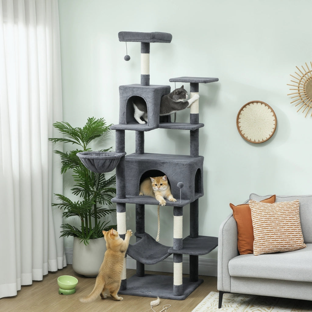 Albero Tiragraffi per Gatti Alto 202 cm con 6 Pali in Sisal Casette Amache e Lettino Grigio