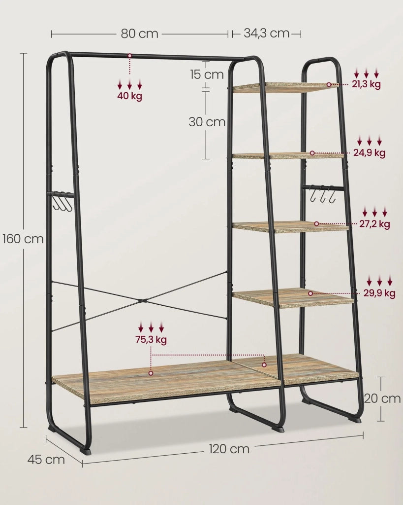 Appendiabiti indipendente scarpiera ingresso/guardaroba 45 x 120 x 160 cm con 5 ripiani portaoggetti e 6 ganci per camera da letto soggiorno corridoio stile industriale marrone 12_0007095