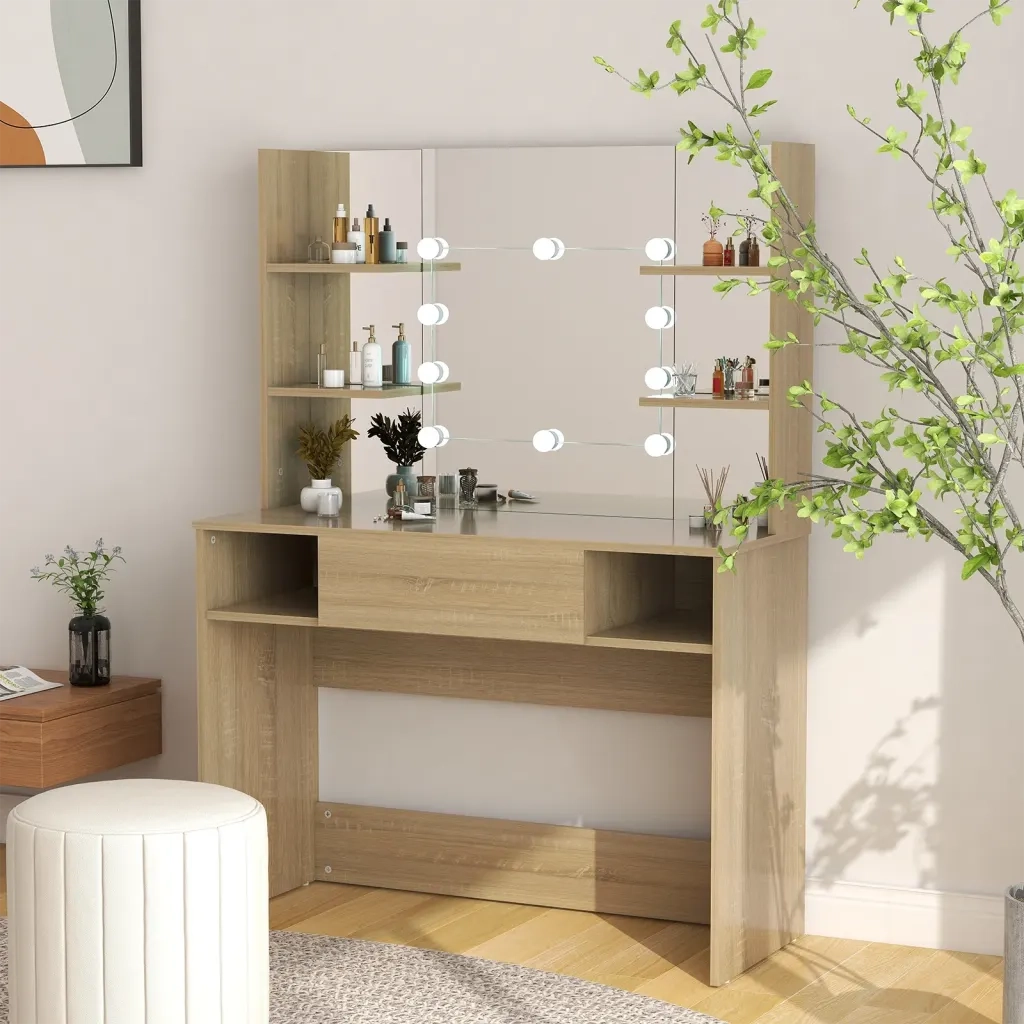 Toeletta | Tavolo da Trucco con Luci LED 100x40x135 cm in MDF Rovere
