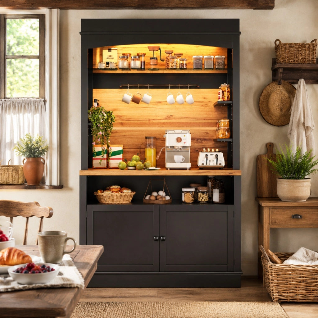 Credenza alta da cucina con LED USB, 107x43x184 cm, nera