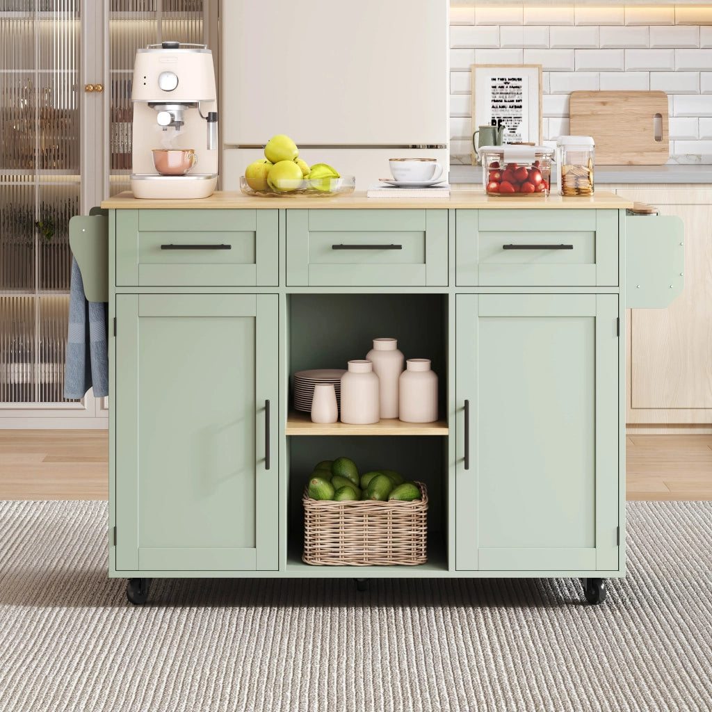 Carrello cucina con piano ribaltabile, contenitore interno e ruote, colore verde antico, 139x46(71)x91,5 cm