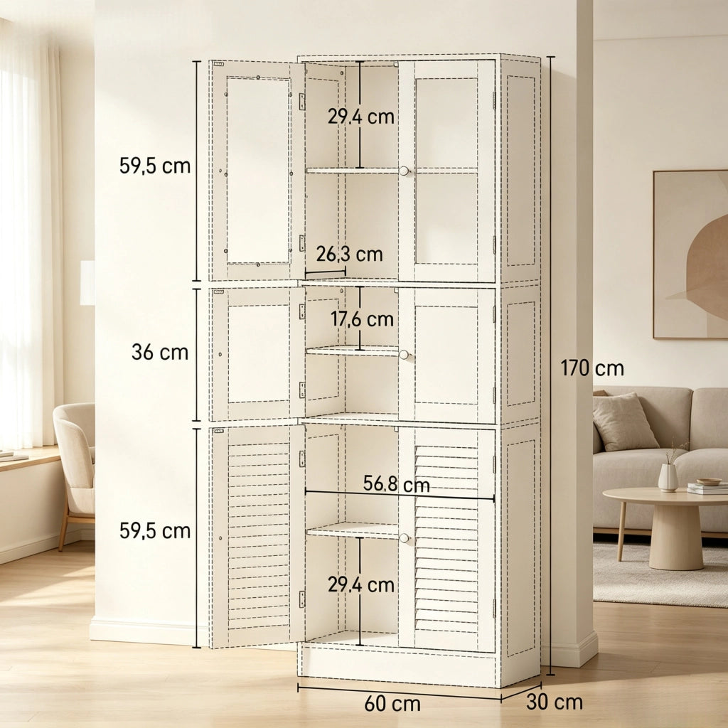 Mobile contenitore da bagno alto di alta qualit¨¤ con 6 ante, di cui 2 in vetro e 2 piene.