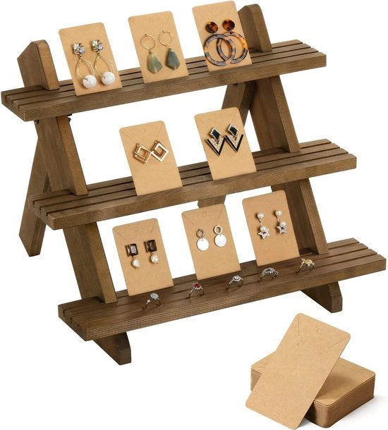 Polo di Esposizione per Orecchini, 3 Livelli Stand per Orecchini e Anelli in Legno Organizzatore a Cascata di Mostrazione di Gioielli Stand per Card per Esposizione su Scrivania, Miele