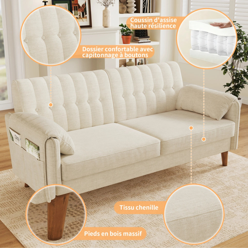 Divano 2 posti in ciniglia beige con cuscini; tasche laterali e gambe in legno massello