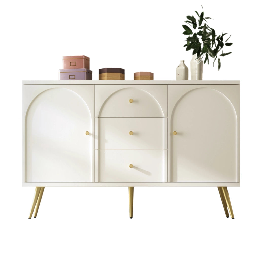 Cassettiera con 2 Ante e 3 Cassetti; Ripiano Regolabile; Stile Classico; in Legno e Metallo; 140??40??84 cm; Bianco Crema
