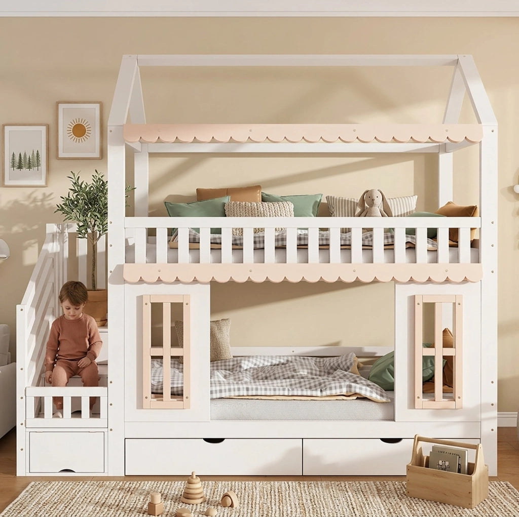 Letto a castello a casetta 90x200 cm con scala contenitore