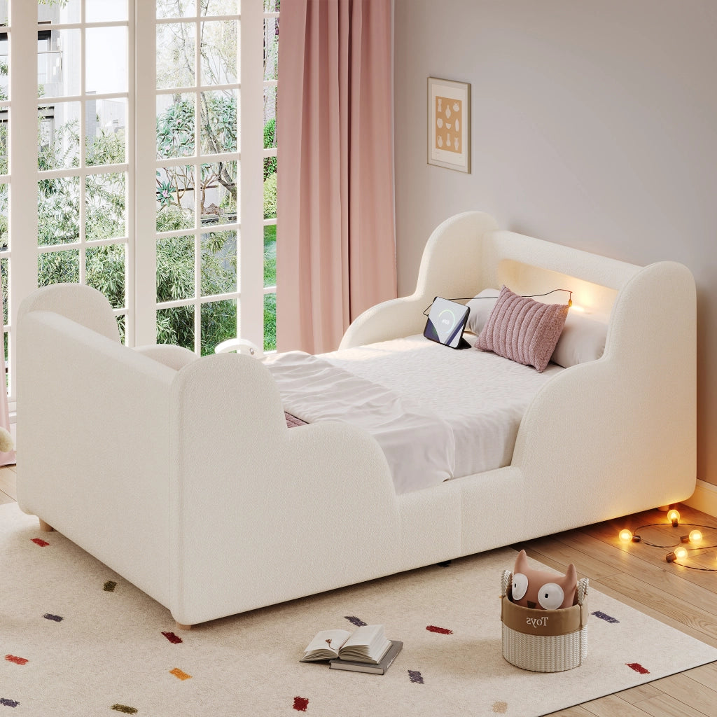 Letto per bambini 90 × 200 cm con sponde imbottite, luce notturna, porte USB e Type-C, senza materasso, beige