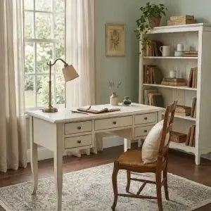 Scrivania scrittoio in legno Shabby chic 5 cassetti bianca anticato