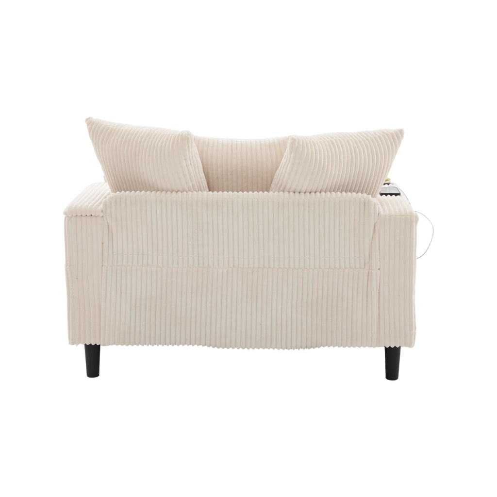 Chaiselongue in corduroy beige con portabicchieri, LED, vano portaoggetti e porta USB