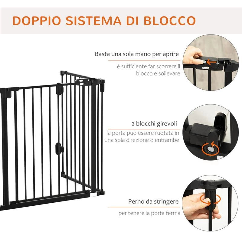 CANCELLETTO DI SICUREZZA PIEGHEVOLE E REGOLABILE IN ACCIAIO, BARRIERA PER CANI CON CHIUSURA AUTOMATICA E SISTEMA DI BLOCCO - NERO