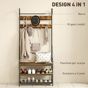 Mobile Ingresso Appendiabiti con Panca e Scarpiera 80x40x182 cm in Legno e Metallo Marrone e Nero