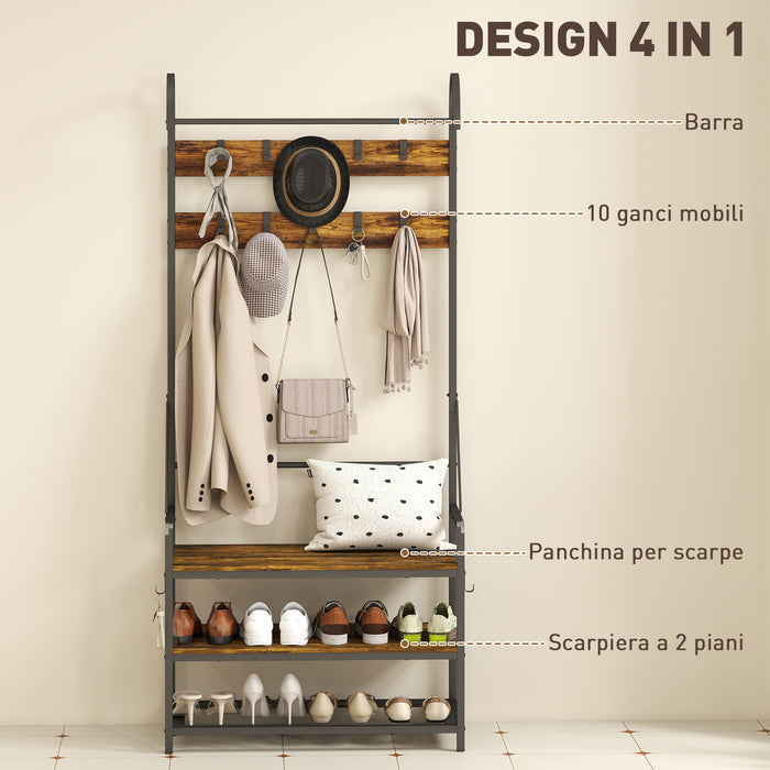 Mobile Ingresso Appendiabiti con Panca e Scarpiera 80x40x182 cm in Legno e Metallo Marrone e Nero