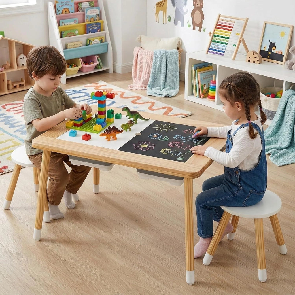 Set Tavolo con 2 Sedie per Bambini 3+ Anni, Tavolo e Sedie con Piano Doppio Lato Rimuovibile e 2 Contenitori, Gambe Robuste in Legno, Tavolo Attività per Gioco e Disegno (con Sedie Rotonde)