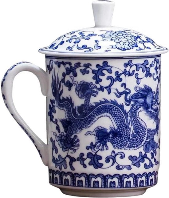 Tazza da Tè Blu con Coperchio - Set di 2 Tazze da Tè in Cotto con Coperchio per Caffè, Tè, Latte e Cappuccino - Tazza da Tè Vintage