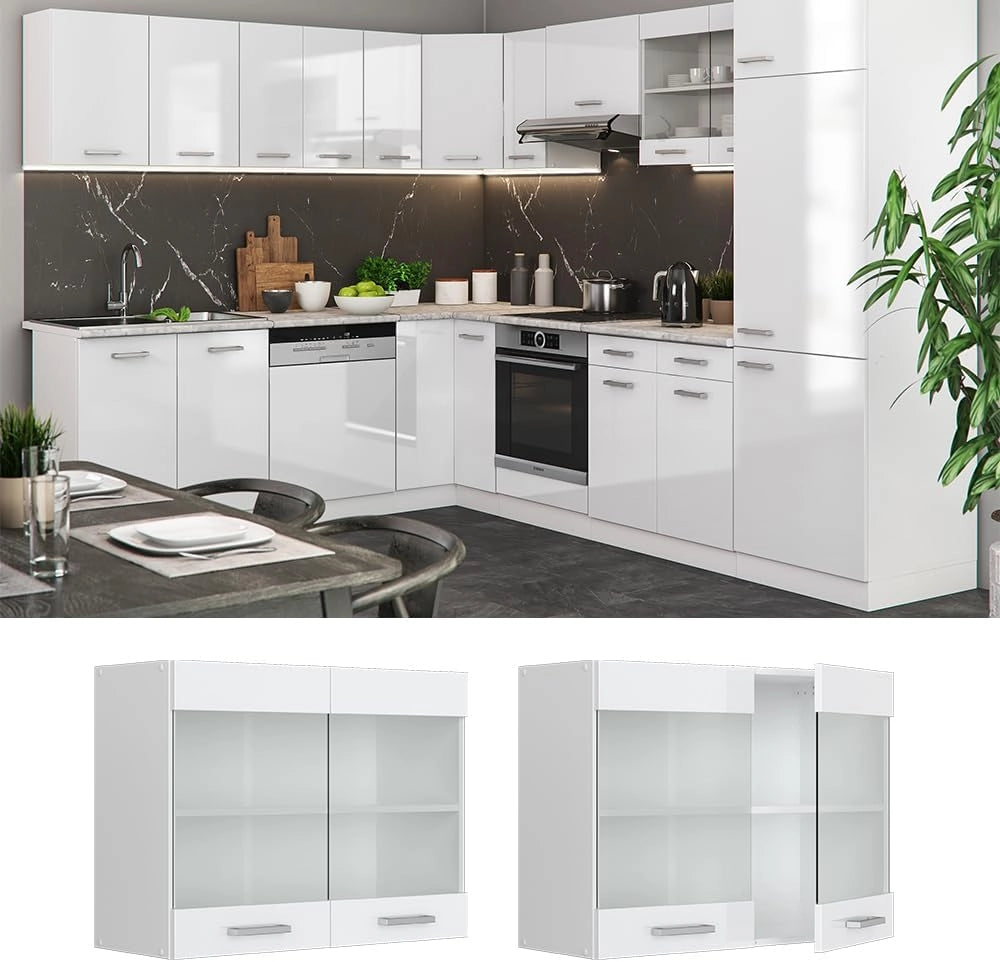 Mobile da cucina in vetro R-Line, Bianco lucido, 80 cm, per la libera combinazione all'interno di sistemi cucina modulari