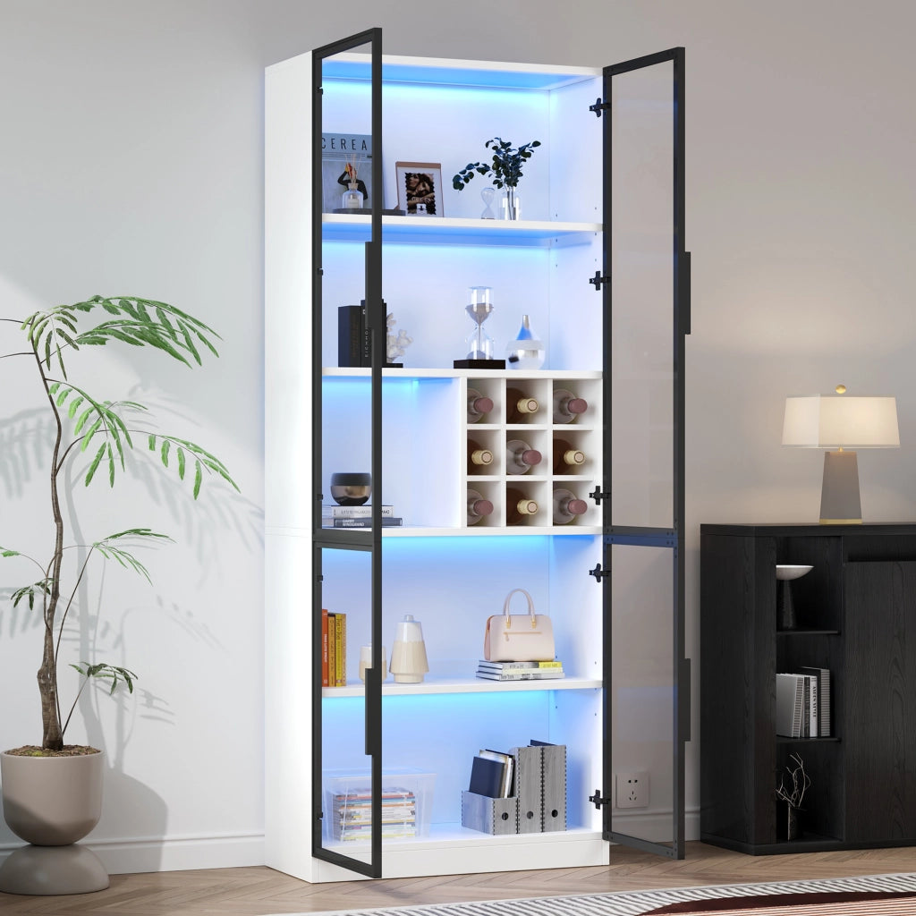 Vetrina con LED e portabottiglie con 2 ante in vetro per soggiorno o cucina in truciolare bianco 80 × 35 × 200 cm