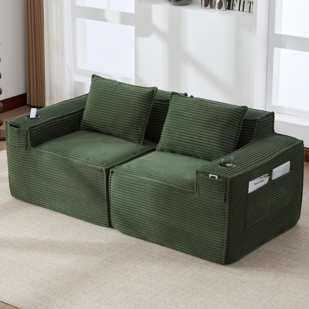 Divano modulare a 2 posti in velluto a coste con portabicchieri e tasche laterali verde 188 × 90 × 75 cm
