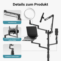 Supporto da terra 4in1 con 1 asta per microfono + 3 bracci articolati per accessori, con morsetto e ring light a 3 modalità, treppiede con rotelle per fotocamera per dirette e live