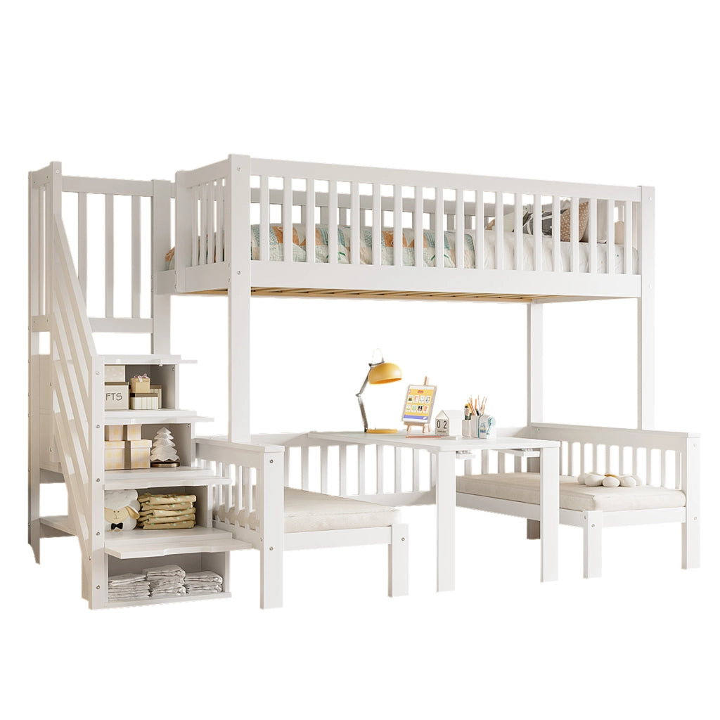 OKWISH Letto a Castello 90×200 cm e 120×200 cm, Letto 3 Posti con Scala Contenitore, Scrivania Ribaltabile e Sponda, senza Materasso, Bianco