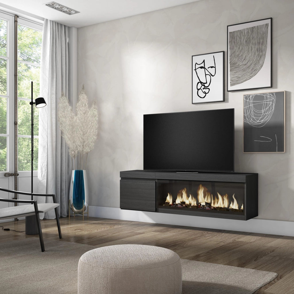 Mobile TV Soggiorno, 158x35x45cm, Per TV fino a 65", Camino elettrico XXL, da appendere, Nero RF3248