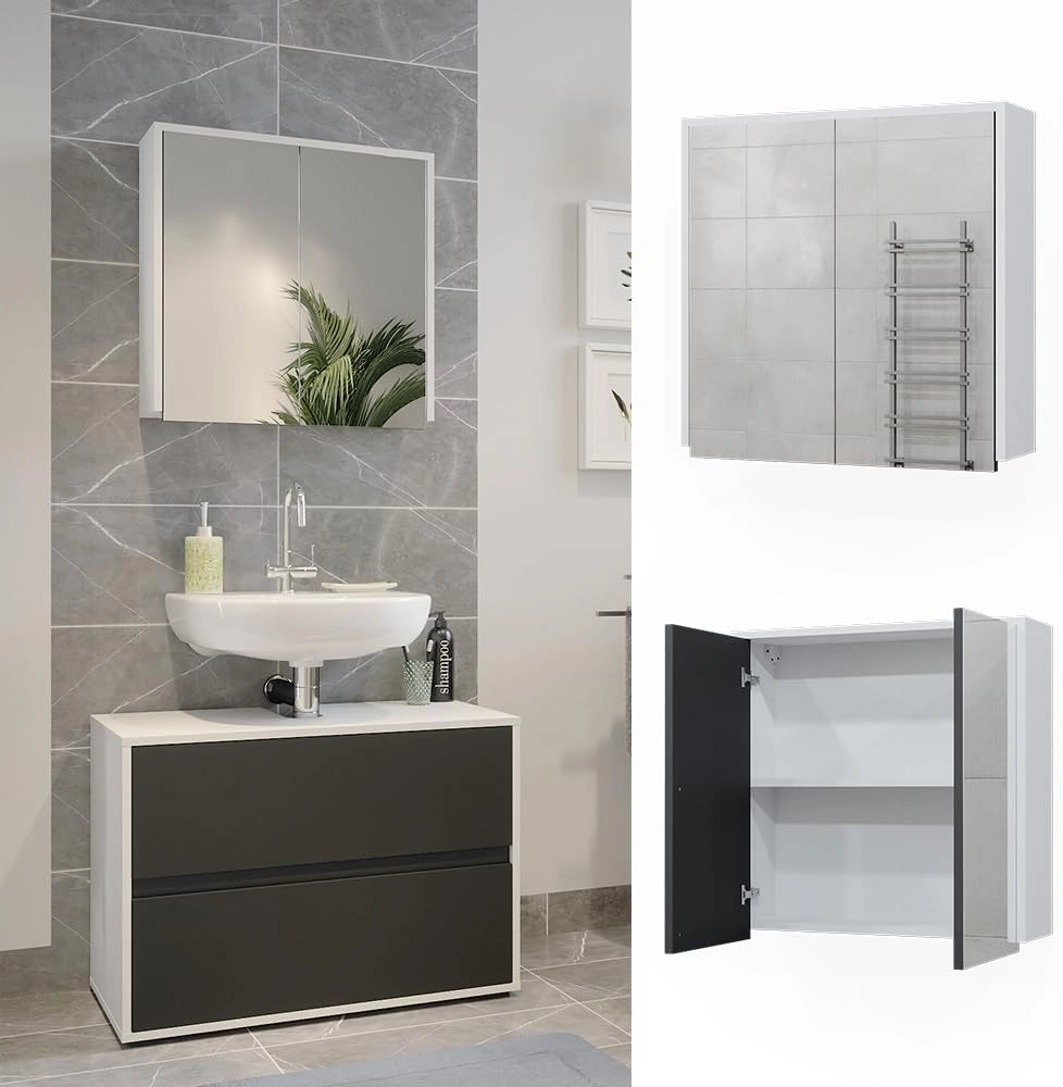 Specchio contenitore bagno Maltin, Bianco/antracite, 60 x 58 cm con due porte a specchio, con ritaglio per sifone e soluzione salvaspazio per il bagno