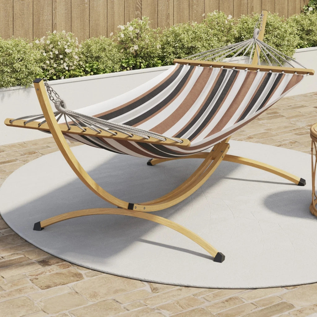 IDMarket - Amaca XL con struttura in metallo effetto legno e tessuto a righe nero, bianco e color cioccolato