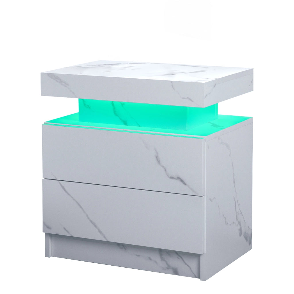 Comodino con LED regolabili, 2 cassetti e vano aperto, per camera da letto, bianco opaco, in legno ingegnerizzato