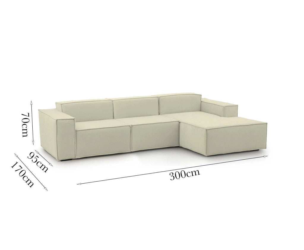 Divano fisso Ananas, Divano componibile a 3 posti con penisola destra, Made in Italy, SofÒ  moderno in tessuto, Cm 300x170h70, Beige