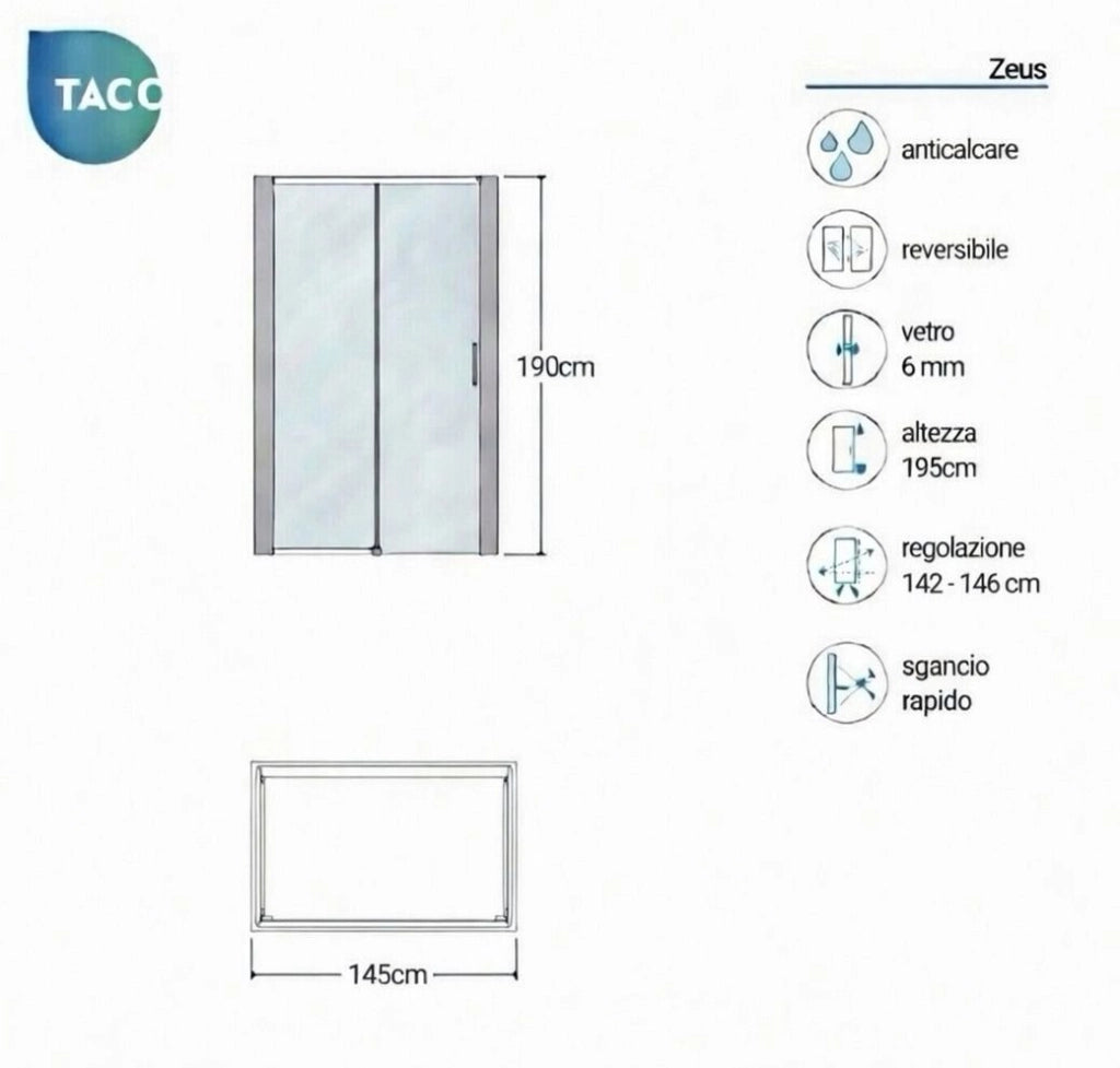 Box doccia a nicchia 145 cm porta scorrevole apertura laterale H190 cm ZEUS - Cromato Lucido