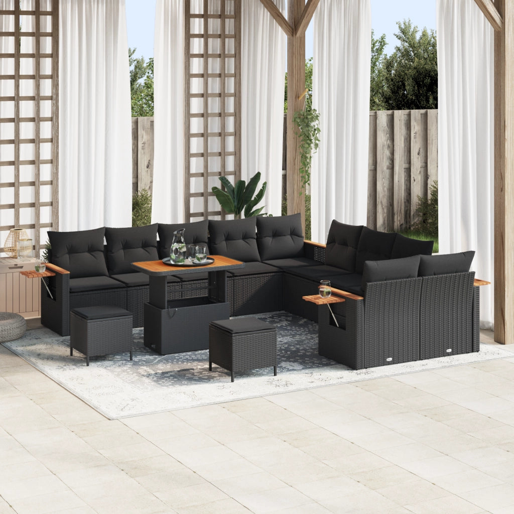 Set di Divani da Giardino  13 Pezzi con Cuscini Nero Polyrattan Acacia