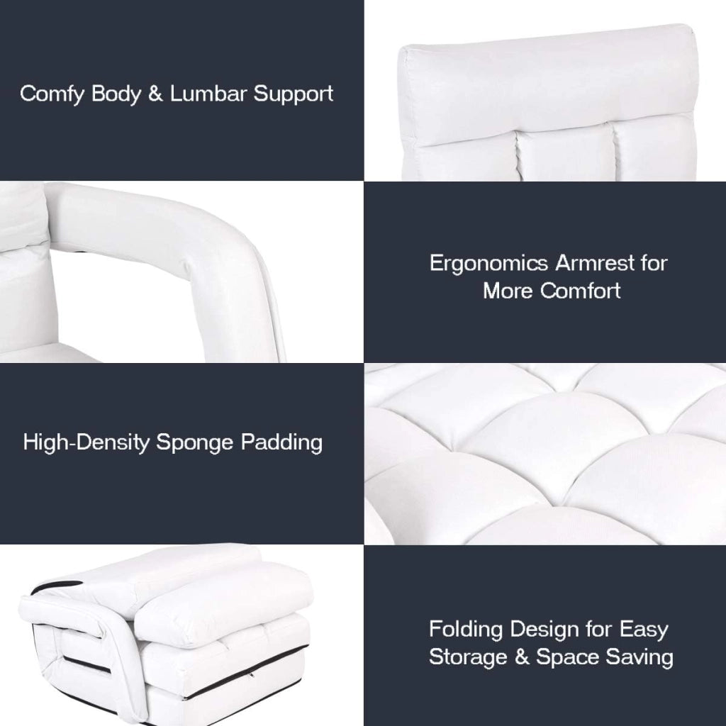 Poltrona Pieghevole da Relax, Schienale Reclinabile a 5 Livelli, Cuscini Imbottiti, Multiuso e Regolabile, Portata di 120 kg, per Ufficio/Soggiorno/Studio, 67x65x72 cm, Bianco