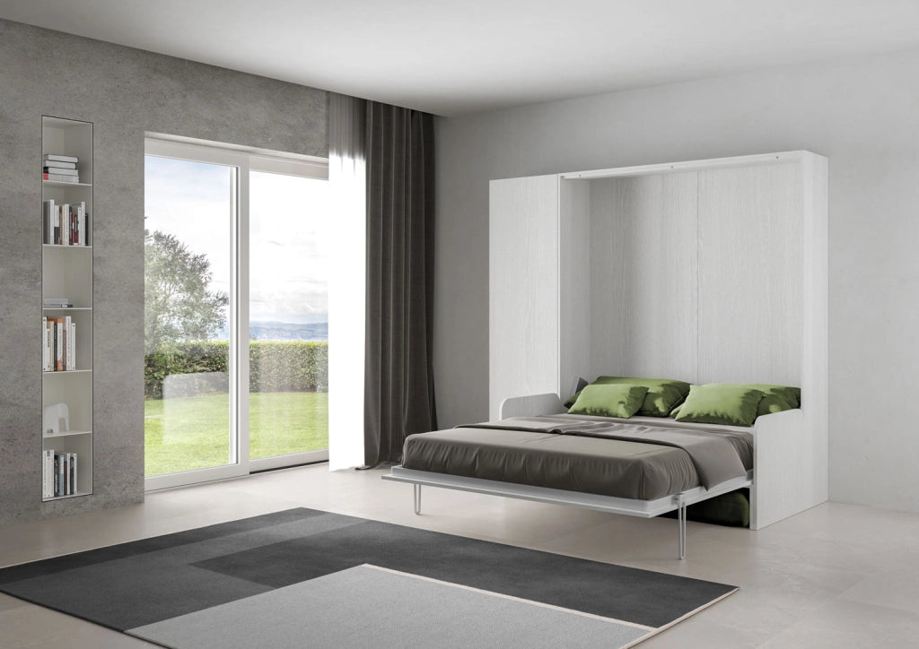 Letto matrimoniale a scomparsa 160 Kentaro con divano e colonna bianco frassino, verde