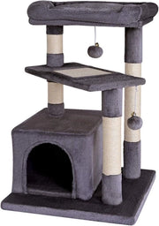 Krappaletto confortevole con foro e posto per riposo - 75 cm alto - corda in legno e morbido piumino - 2 palline di piumino - grigio scuro - adatto per gatti piccoli e grandi