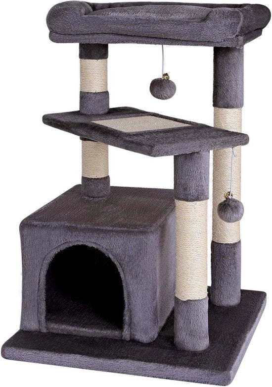 Krappaletto confortevole con foro e posto per riposo - 75 cm alto - corda in legno e morbido piumino - 2 palline di piumino - grigio scuro - adatto per gatti piccoli e grandi