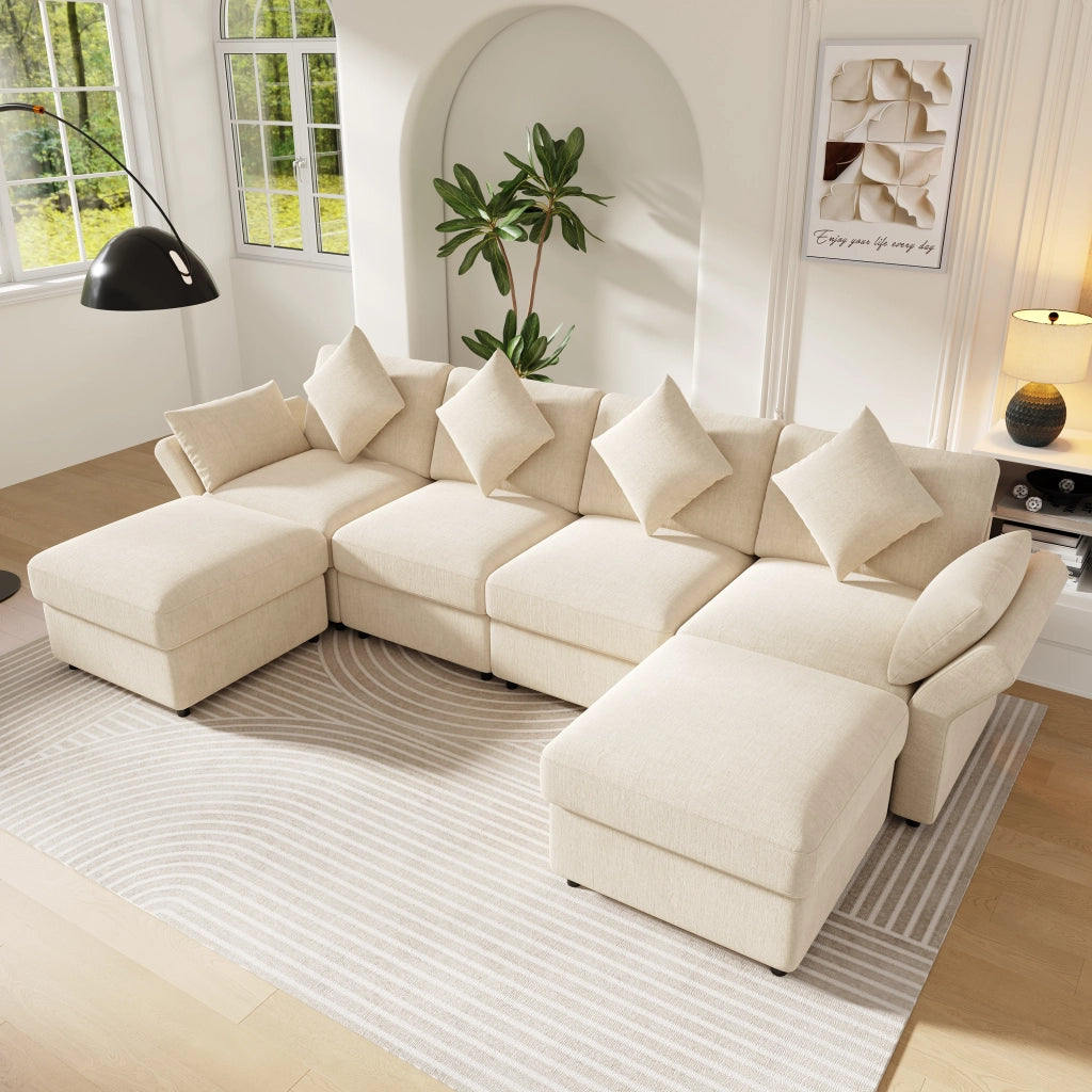 Divano ad angolo convertibile modulare con braccioli regolabili e 2 pouf in ciniglia beige