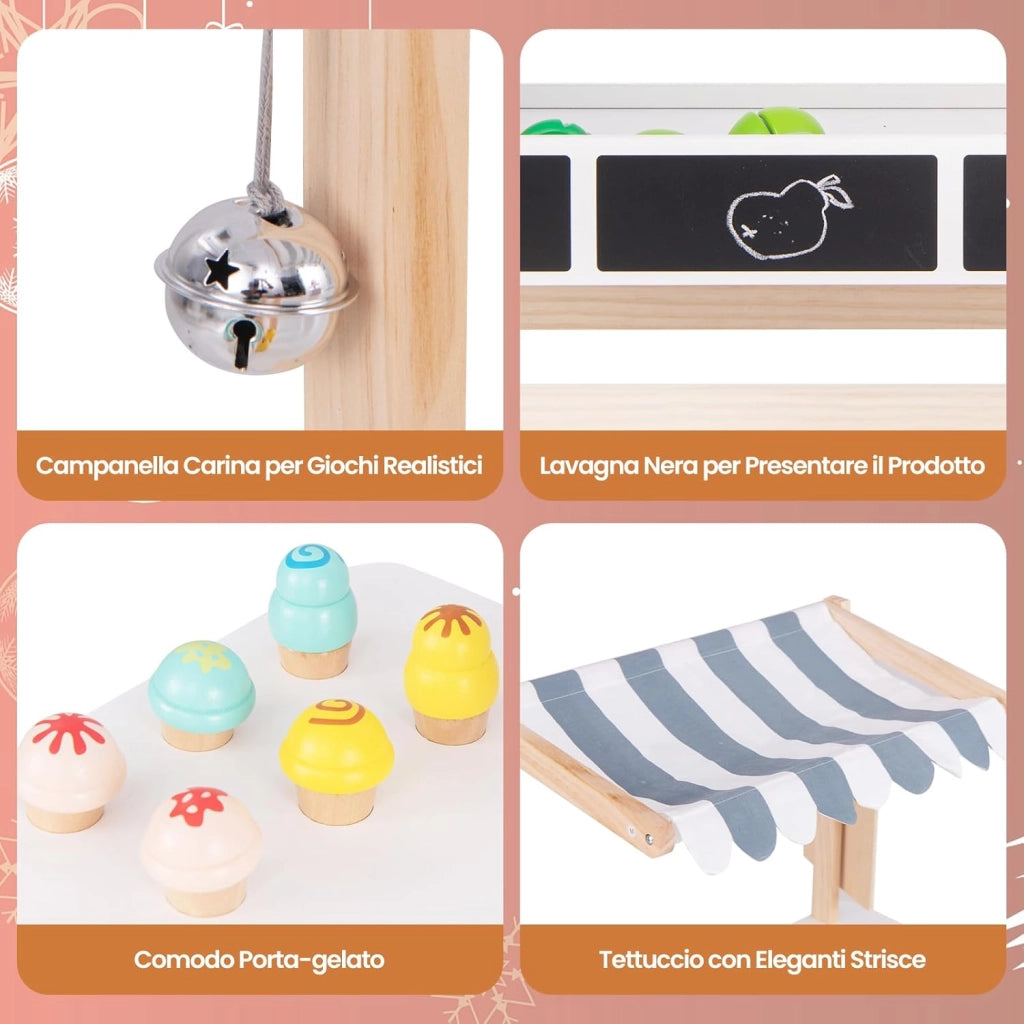 Carretto dei Gelati in Legno per Bambini, con 6 Gelati Giocattolo, Bilancia a Forma di A, Campanello Funzionante, Gelateria per Bambini + 3 Anni, 79 x 29 x 100 cm (Bianco)