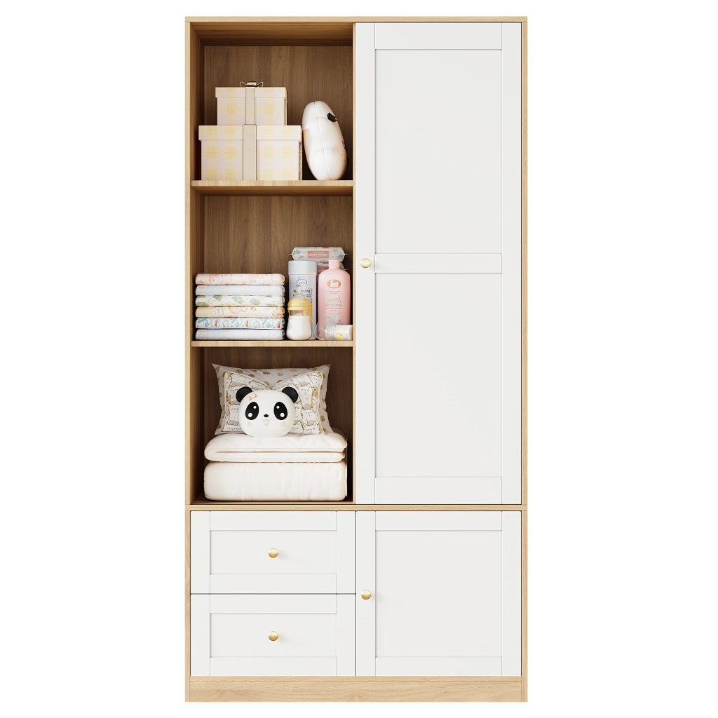 Armadio con porta scorrevole, struttura semiaperta con asta appendiabiti e 2 cassetti, 90×50×180 cm, MDF, Naturale/Bianco